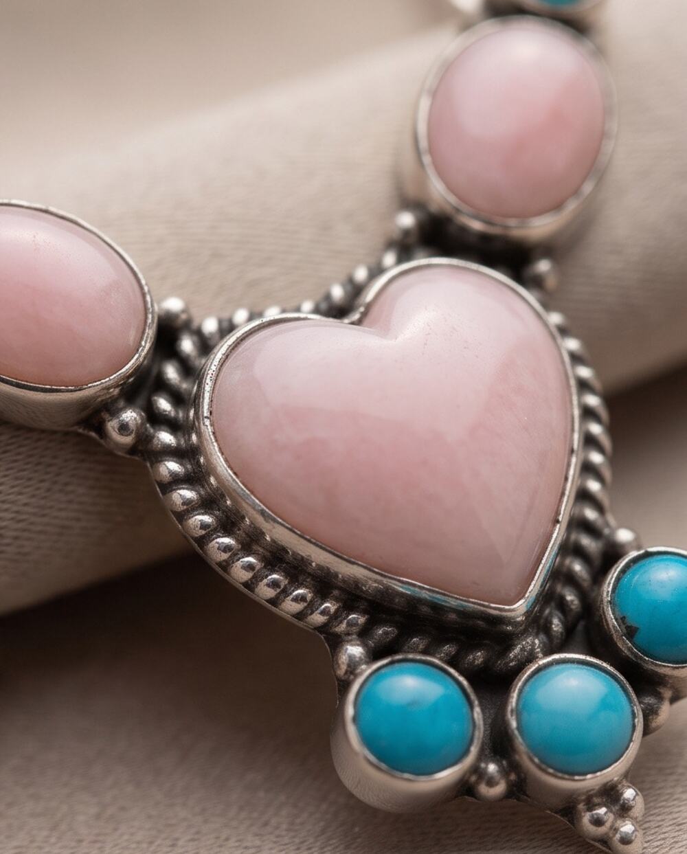 Pink Opal & Blue Turquoise Hearts Paperclip Necklace 925 Silver 18” Adjustable